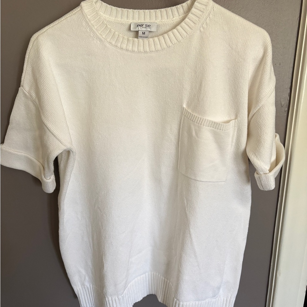 Per Se Short Sleeve White Sweater, Medium
